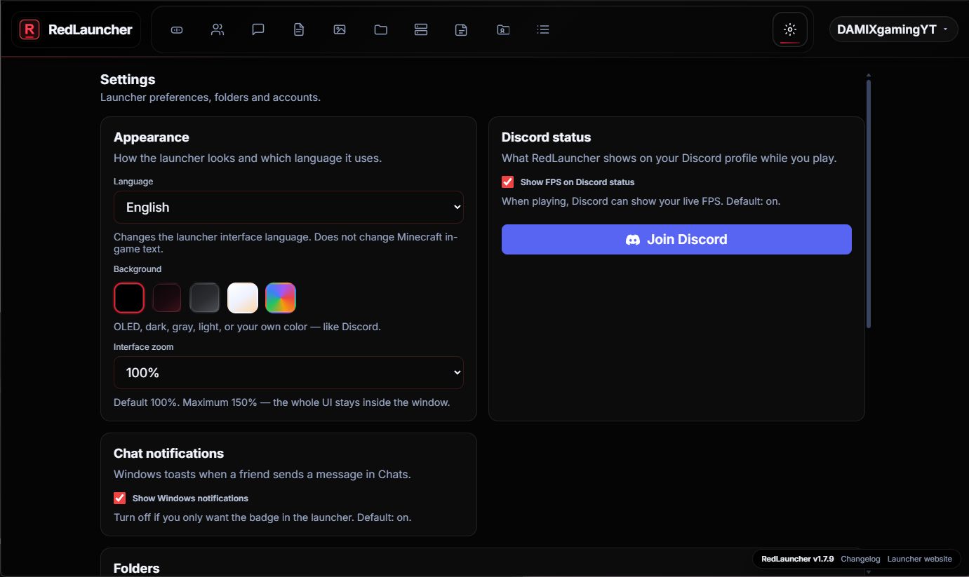 RedLauncher, Settings